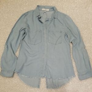 Thread Supply Lyocell Split Back Denim Look Raw Hem Long Roll Tab Sleeve Size XS